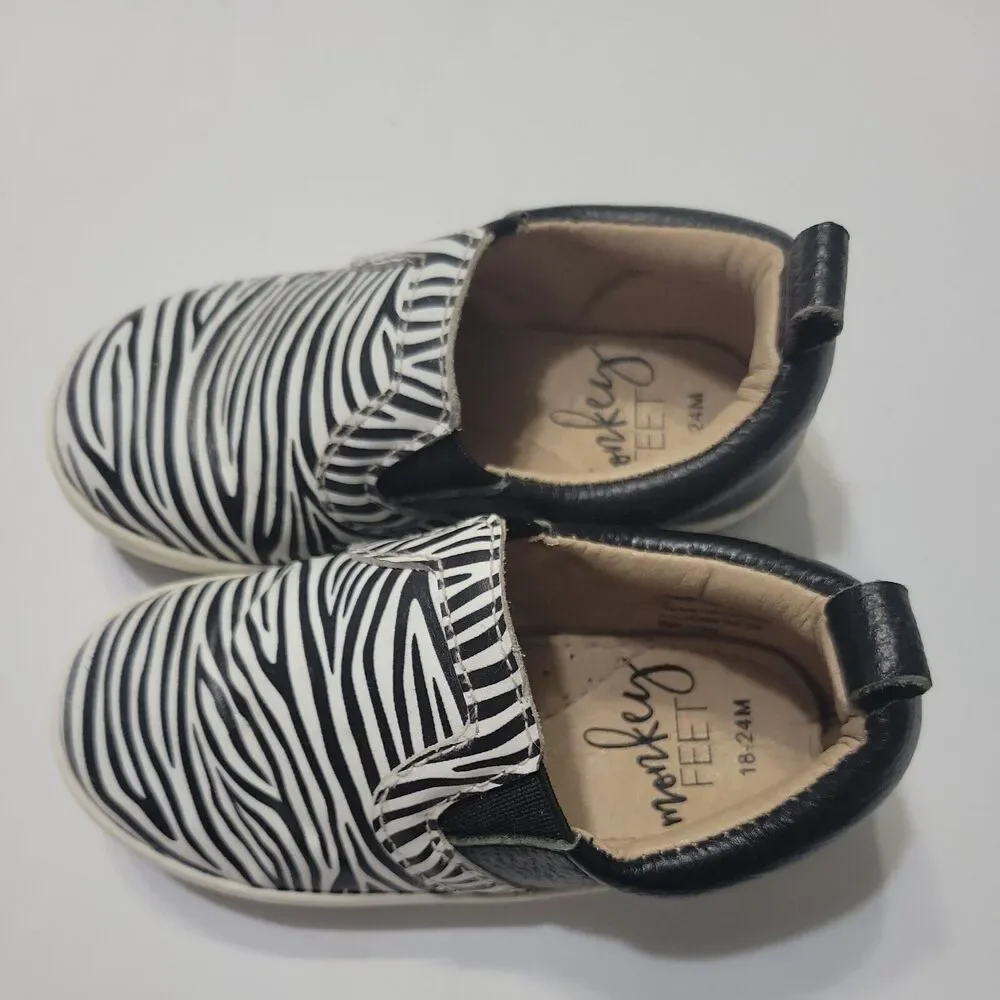Monkey Feet Slip On Girls 18-24 Month Shoes Black Zebra Print‎ Leather Sneakers